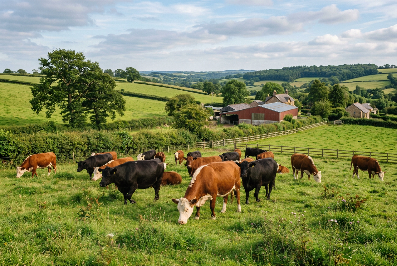 Herd of cows grazing in a green pasture near a farmhouse and rolling hills