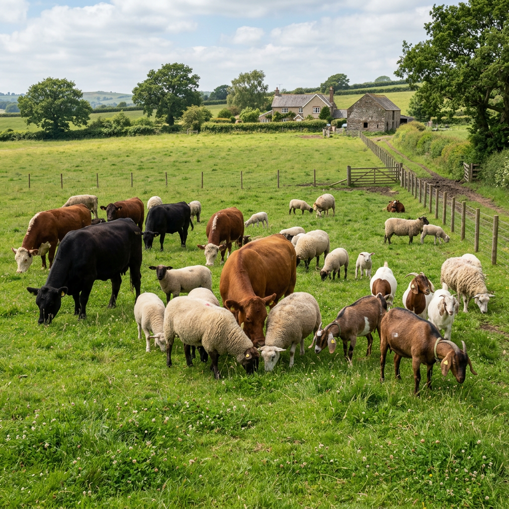 Herd of cows grazing in a green pasture near a farmhouse and rolling hills