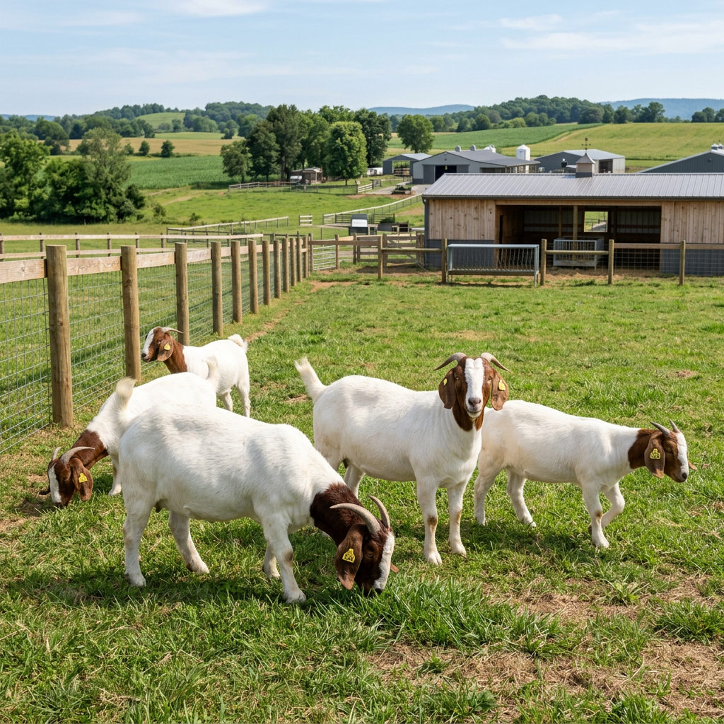 Five Boer goats with white bodies and brown heads grazing and standing on fenced pasture in a farm setting