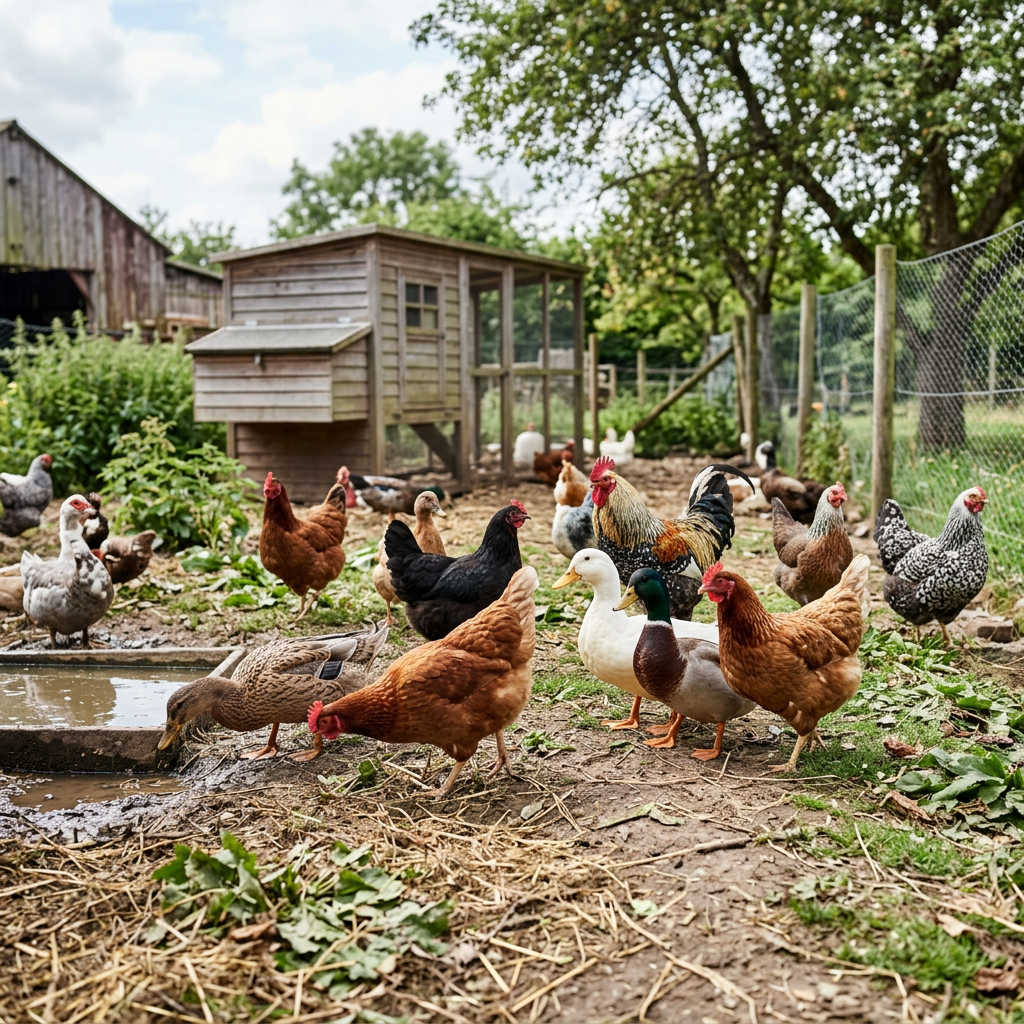 Chickens and ducks gathered outside a wooden coop in a fenced farmyard