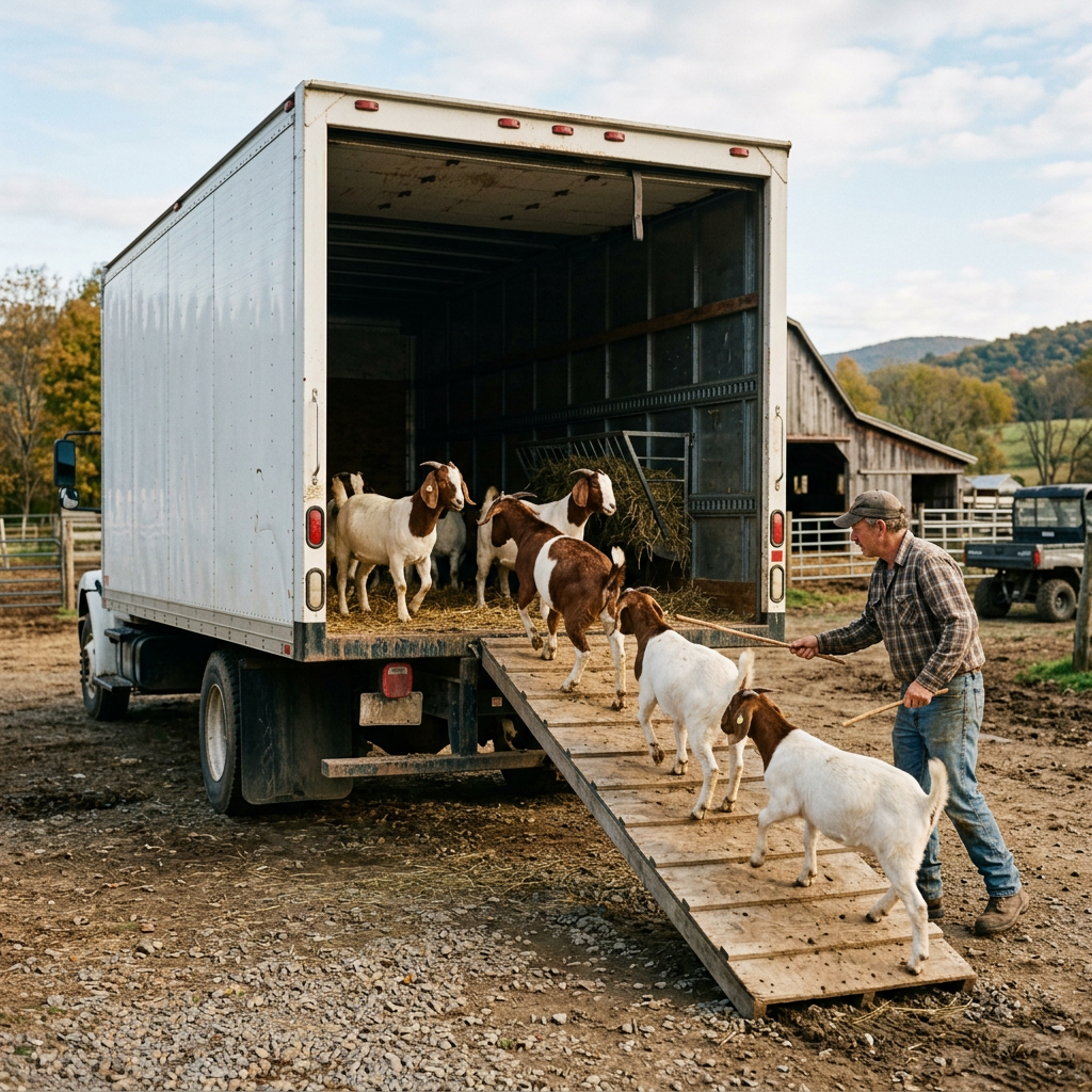 A farmer helping goats walk down a wooden ramp from the back of a livestock truck on a farm.