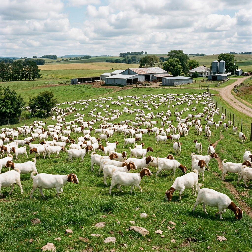 A large herd of goats with brown heads grazing on a fenced green pasture near farm buildings under a cloudy sky
