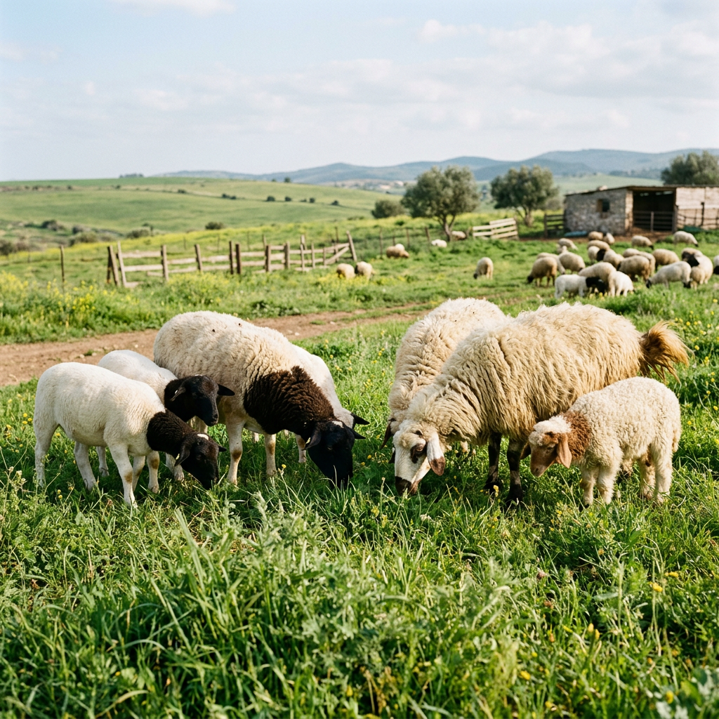 Dorper and Awassi sheep together on farm pasture