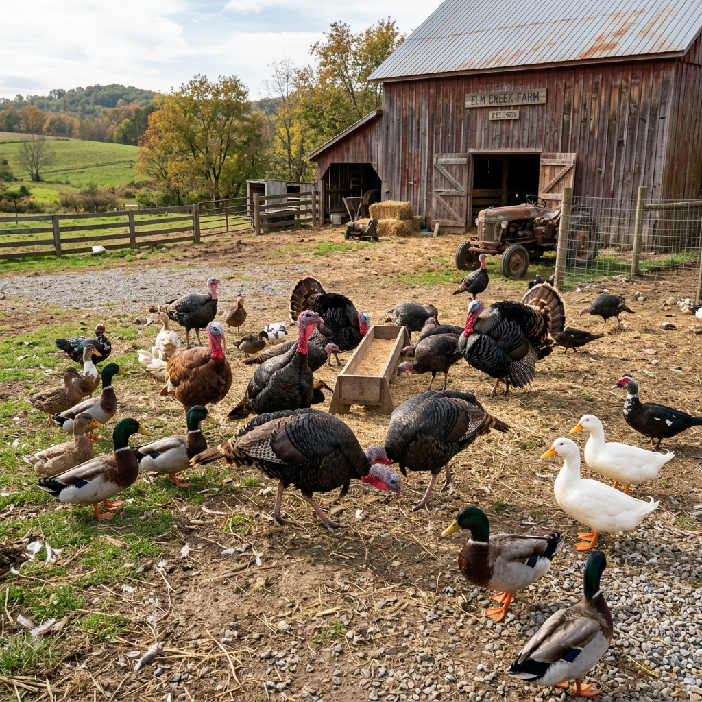Turkeys, ducks, and other birds feeding near a wooden barn with hay bales and an old tractor